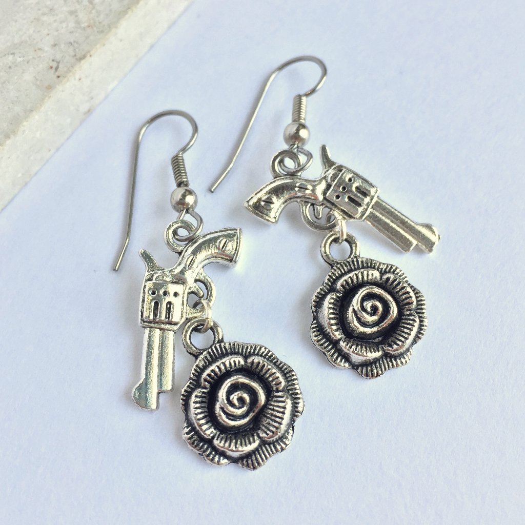 Silver Guns & Roses Earrings